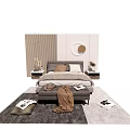Background Double Bed with Bedside Tables Round Mirror and Gray Rug in Modern Bedroom