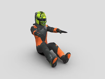 Man In Black And Orange Gear With Green Helmet In Riding Stance 3d model