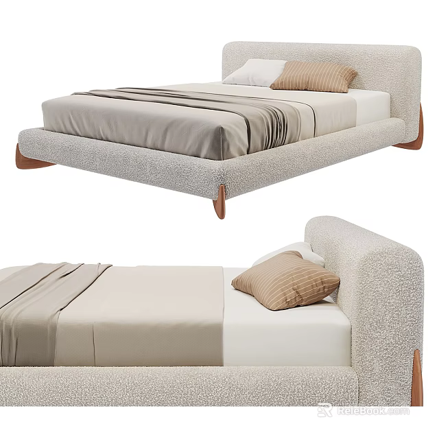 Modern Double Bed Interior With Upholstered Headboard Neutral Tones And Soft Accent Pillows 3d model 