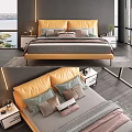 Modern Double Bed With Yellow Leather Headboard Dark Wall Light Strip Nightstands And Window View