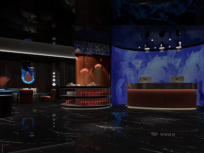 Luxurious Modern Clubhouse Interior Featuring Reception Desk Artistic Decor And Marble Flooring 3d model
