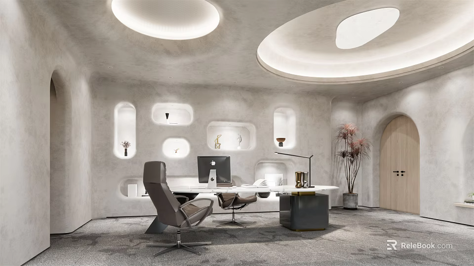 Modern Office Interior With Curved Ceiling Circular Lights Recessed Niches Decorations Desk Chair And Computer 3d model 