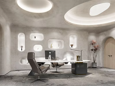 Modern Office Interior With Curved Ceiling Circular Lights Recessed Niches Decorations Desk Chair And Computer 3d model