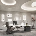 Modern Office Interior With Curved Ceiling Circular Lights Recessed Niches Decorations Desk Chair And Computer