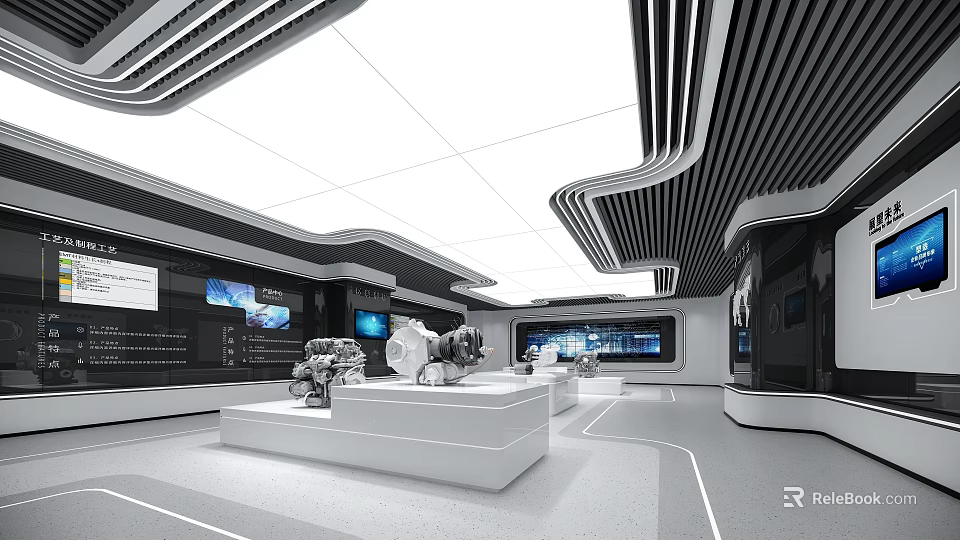 Modern Hi tech Exhibition Hall With White Display Platforms Mechanical Equipment Screens And Lighting Design 3d model 