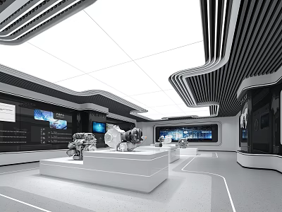 Modern Hi tech Exhibition Hall With White Display Platforms Mechanical Equipment Screens And Lighting Design 3d model