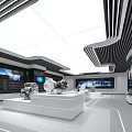 Modern Hi tech Exhibition Hall With White Display Platforms Mechanical Equipment Screens And Lighting Design