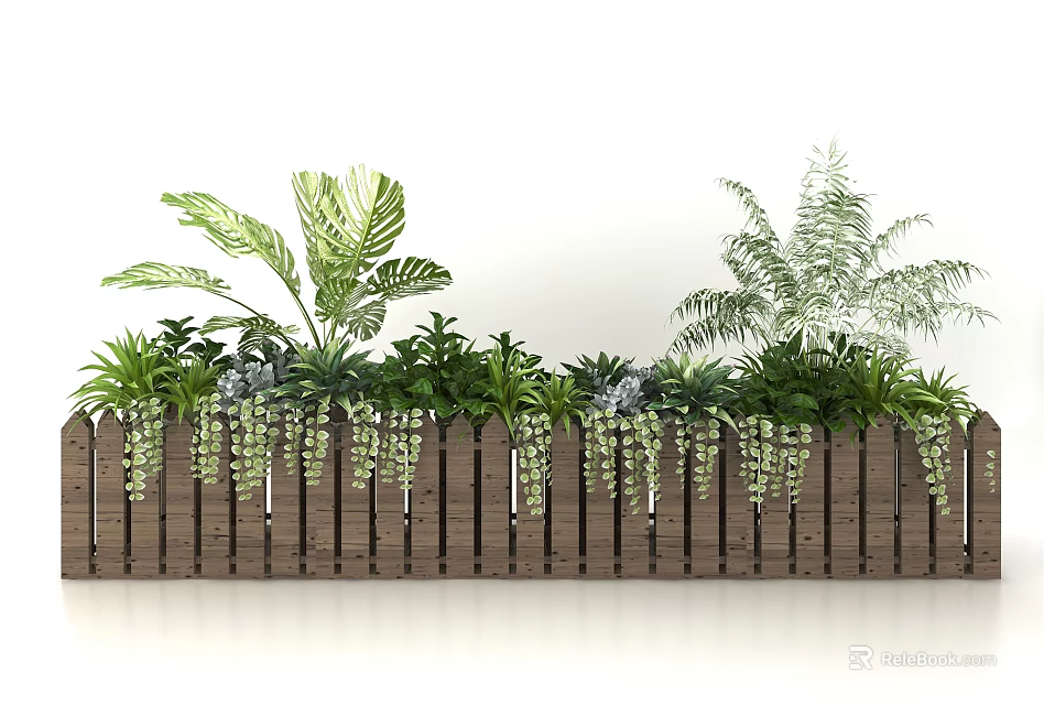 Garden Planter with Wooden Fence Design Various Green Plants Ferns and Hanging Blooms 3d model 