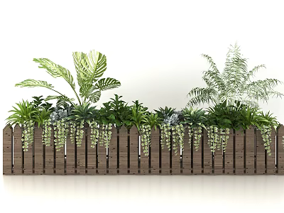 Garden Planter with Wooden Fence Design Various Green Plants Ferns and Hanging Blooms 3d model