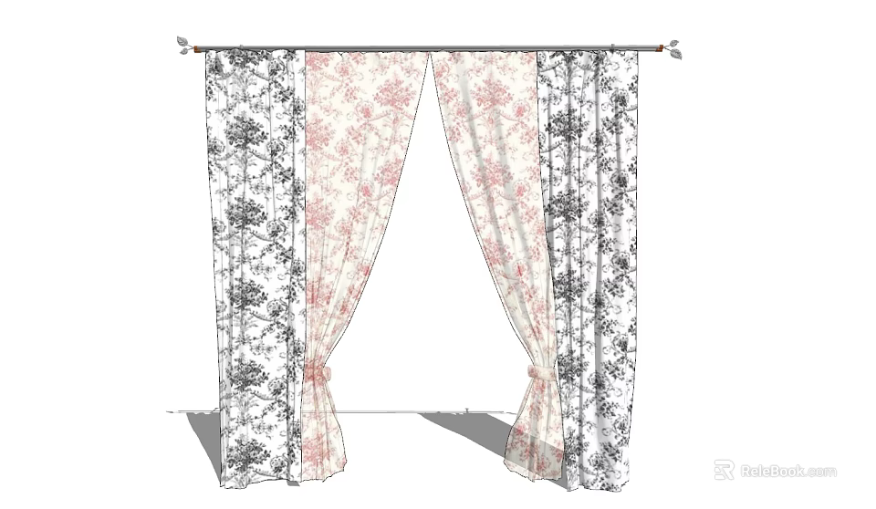 Sheer Pink Floral Curtains With Black Patterned Side Panels For Home Windows 3d model