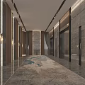 Modern Elevator Hallway Interior With Marble Walls Ceiling Lights And Decorative Rug 3d model
