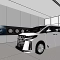 Modern Spacious Car Showroom Featuring White MPV Bright Lighting And Wall Displays