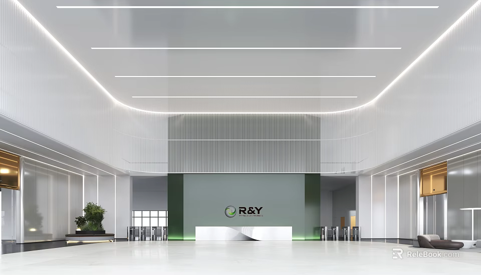 Modern Reception Desk Interior With Company Logo And Bright Ambient Lighting Design 3d model 