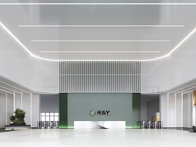 Modern Reception Desk Interior With Company Logo And Bright Ambient Lighting Design 3d model