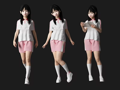 Young Women In White Tops Pink Shorts White Socks White Shoes With One Holding Paper 3d model