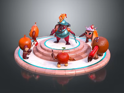Game and Movie Characters with Armored Main Figure and Animal Like Sidekicks on Circular Platform 3d model