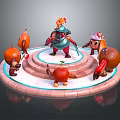 Game and Movie Characters with Armored Main Figure and Animal Like Sidekicks on Circular Platform