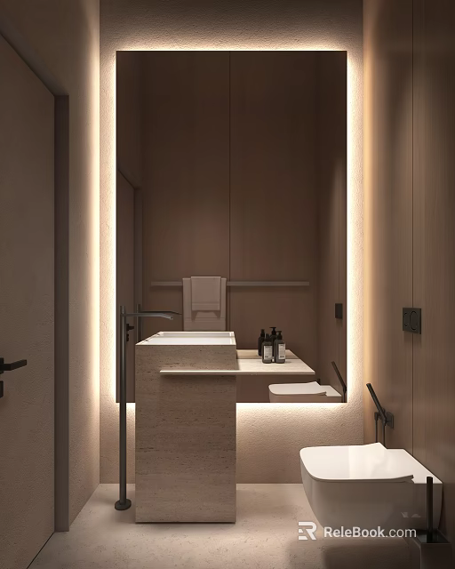 Elegant Modern Bathroom Interior With Marble Countertop Wooden Cabinets And Soft Lighting 3d model 