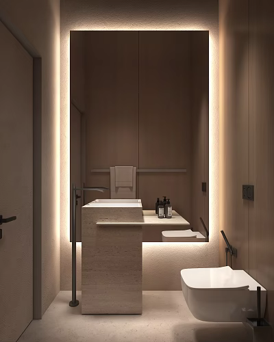 Elegant Modern Bathroom Interior With Marble Countertop Wooden Cabinets And Soft Lighting 3d model