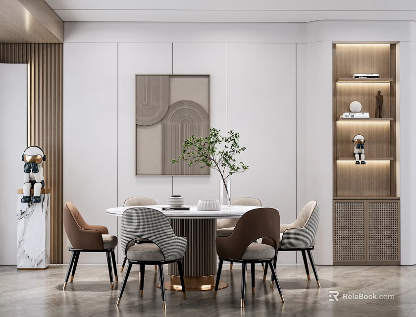 Modern Luxury Dining Room With Round Table Comfortable Dining Chairs Decorative Painting And Green Plant 3d model 