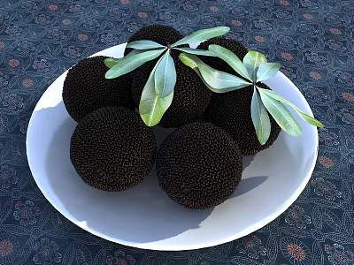 Black Fruits On White Plate With Green Leaves And Patterned Tablecloth 3d model