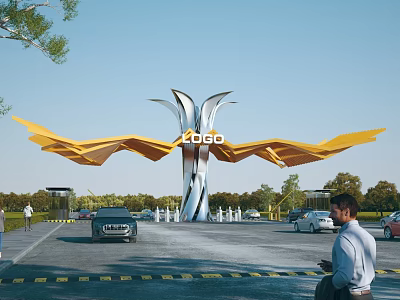 Modern Entrance Gate Design With Yellow Wing Like Structure Central LOGO And Parking Area 3d model