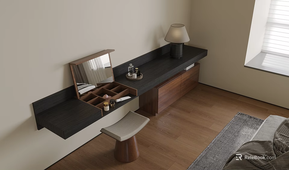 Modern Luxury Functional Desk with Mirror Cosmetics Stool Wooden Frame and Table Lamp 3d model 