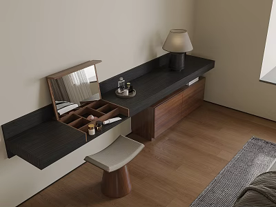 Modern Luxury Functional Desk with Mirror Cosmetics Stool Wooden Frame and Table Lamp 3d model