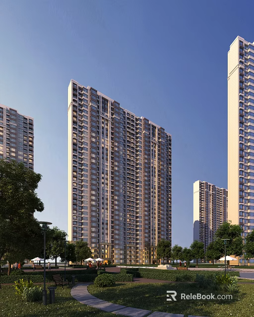 Modern High Rise Residential Building Exterior With Greenery Windows And Blue Sky Background 3d model 