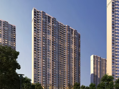 Modern High Rise Residential Building Exterior With Greenery Windows And Blue Sky Background 3d model