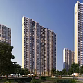 Modern High Rise Residential Building Exterior With Greenery Windows And Blue Sky Background
