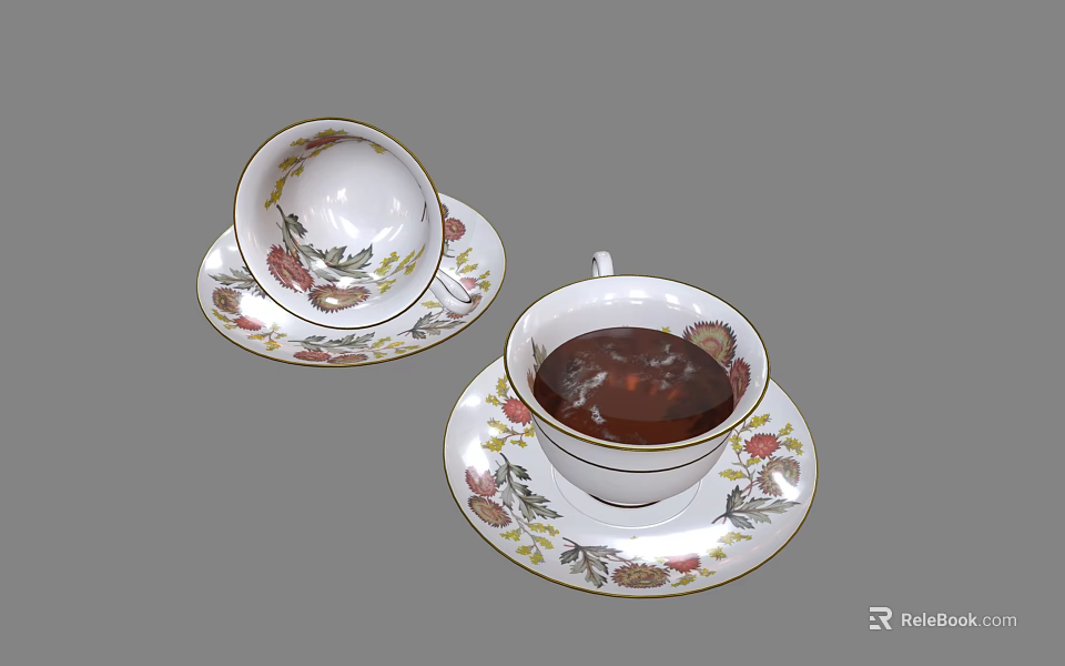 Floral Pattern Teacups And Saucers With Hot Tea And Decorative Design For Household Use 3d model 