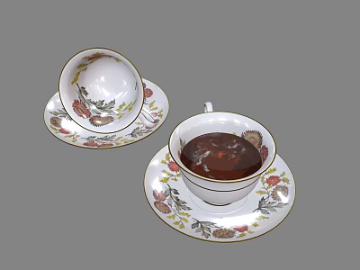 Floral Pattern Teacups And Saucers With Hot Tea And Decorative Design For Household Use 3d model