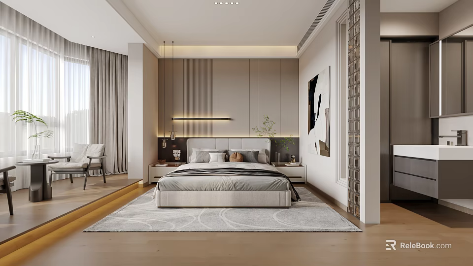 Modern Bedroom Interior Design Featuring King Size Bed Nightstands Area Rug And Curtains 3d model 