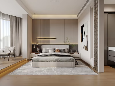 Modern Bedroom Interior Design Featuring King Size Bed Nightstands Area Rug And Curtains 3d model