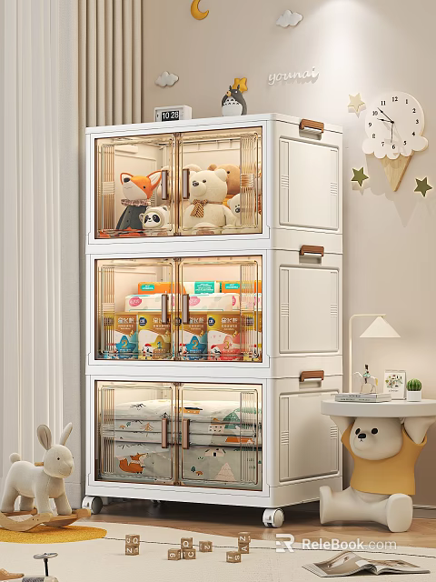 Organized White Kids Room Interior Storage Cabinet Shelf With Transparent Boxes And Stuffed Toys 3d model 