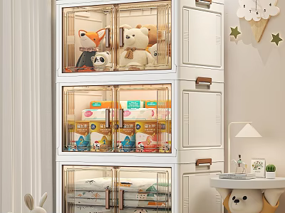 Organized White Kids Room Interior Storage Cabinet Shelf With Transparent Boxes And Stuffed Toys 3d model
