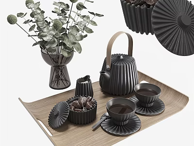 Elegant Black Tea Set With Wooden Tray Teapot Teacups And Saucers 3d model