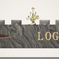 Modern Reception Desk With Marble Countertop Golden LOGO Four Computers And Yellow Flower Decoration