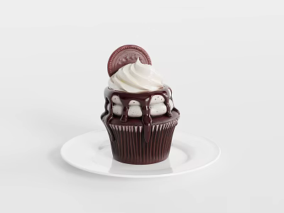 Chocolate Cupcake With White Whipped Cream Chocolate Cookie And Marshmallows On White Plate 3d model