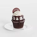 Chocolate Cupcake With White Whipped Cream Chocolate Cookie And Marshmallows On White Plate