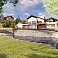 Rustic Modern Guesthouse Building With Wooden Facade Large Windows And Stone Terrace Surrounded by Trees