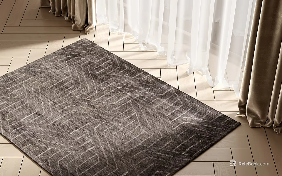 Square Rug With Geometric Pattern On Tile Floor Near Curtains 3d model 
