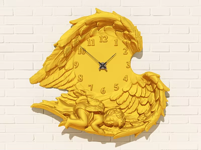 Golden Decorative Clock With Angel Wings Design Hanging On White Brick Wall 3d model