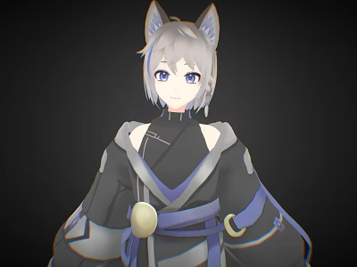 Anime Cat Eared Character With Silver Gray Hair Blue Eyes In Black Blue Kimono Outfit 3d model