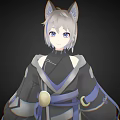 Anime Cat Eared Character With Silver Gray Hair Blue Eyes In Black Blue Kimono Outfit