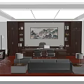 Modern Office Interior With Large Wooden Desk Leather Chair And Chinese Landscape Painting On Wall