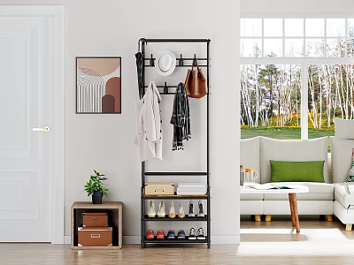 Living Room Decorative Coat Rack Shoe Storage Set with Artwork and Potted Plant 3d model