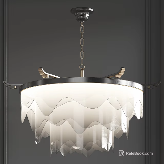 Modern Chandelier With White Wave Pattern Shade And Brass Metal Frame Design 3d model 