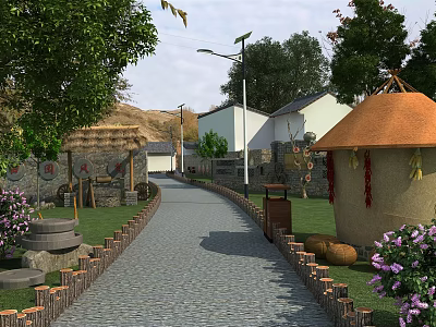 Municipal Road with Stone Paved Path Street Lamps Green Plants and Traditional Rural Buildings 3d model